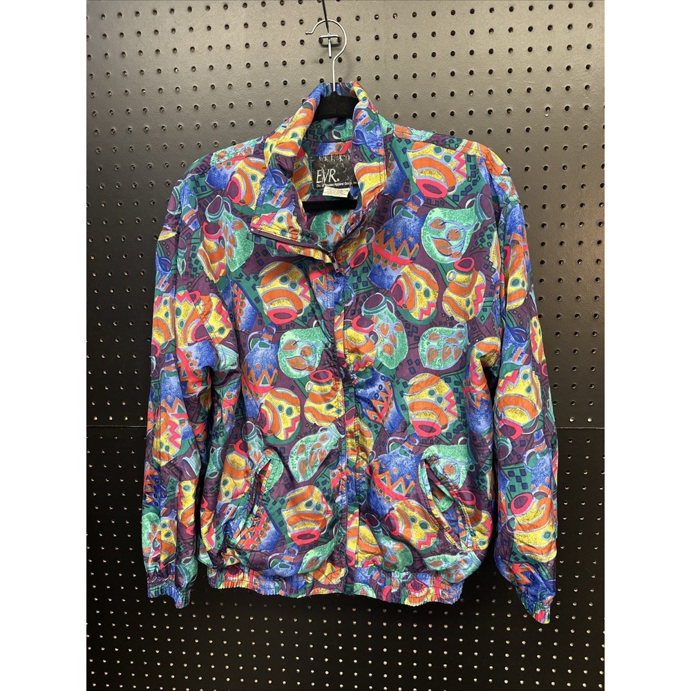 Vintage 80s‎ EVR Roussa Tonalá Bomber Jacket Colorful Pottery Design Size M